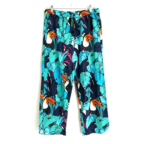 Talbots Bright Tropical Toucan Crepe Wide Leg Pants Elastic Waist Size Large - Picture 1 of 7